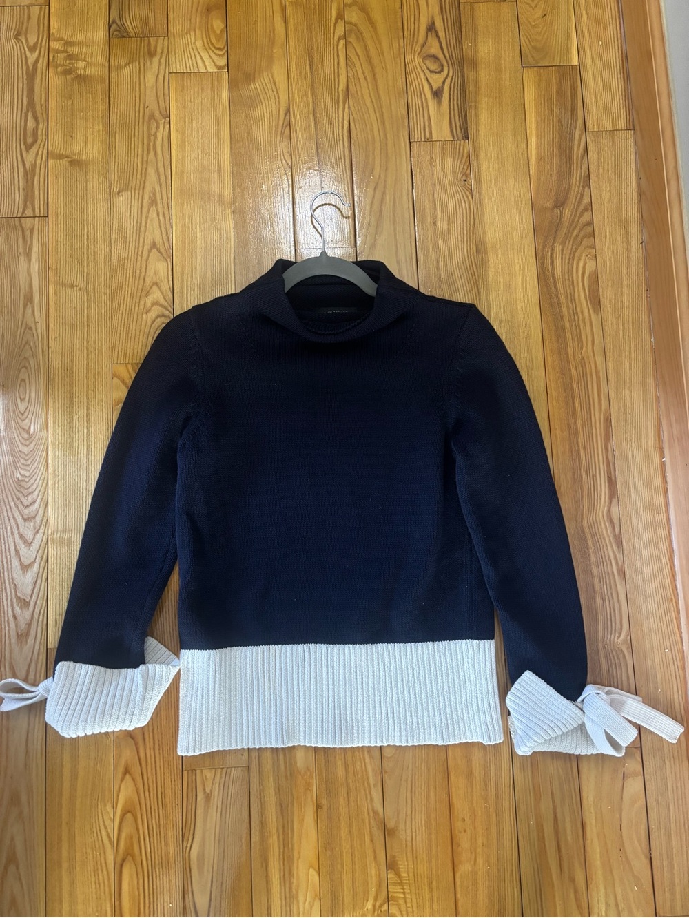 Ann Taylor Navy Sweater with White Hem and Tie Cuffs